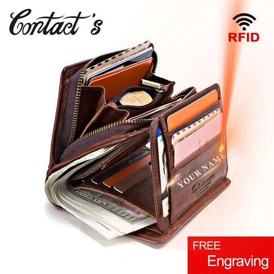 100% Genuine Leather Wallet Zipper Engraving Coin Short RFID blocking 34 Wallet ContactS OK•PhotoFineArt