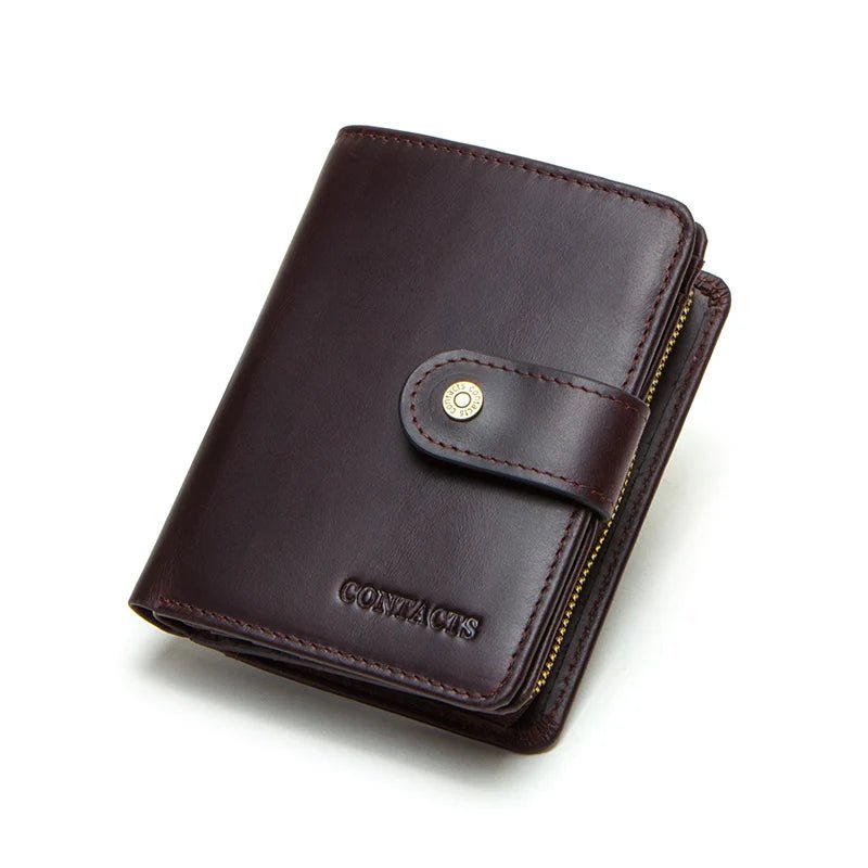100% Genuine Leather Wallet Zipper Engraving Coin Short RFID blocking Coffee