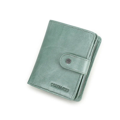 100% Genuine Leather Wallet Zipper Engraving Coin Short RFID blocking Greenish Grey