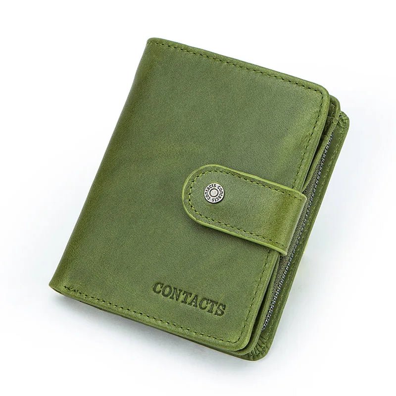 100% Genuine Leather Wallet Zipper Engraving Coin Short RFID blocking Green