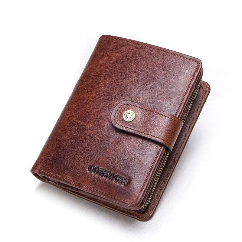 100% Genuine Leather Wallet Zipper Engraving Coin Short RFID blocking Brown