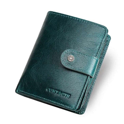 100% Genuine Leather Wallet Zipper Engraving Coin Short RFID blocking Blue
