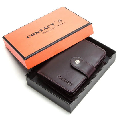 100% Genuine Leather Wallet Zipper Engraving Coin Short RFID blocking Coffee Box