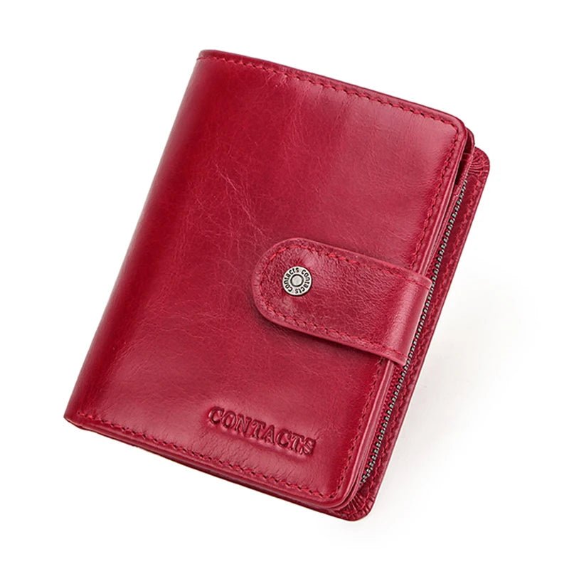 100% Genuine Leather Wallet Zipper Engraving Coin Short RFID blocking Red