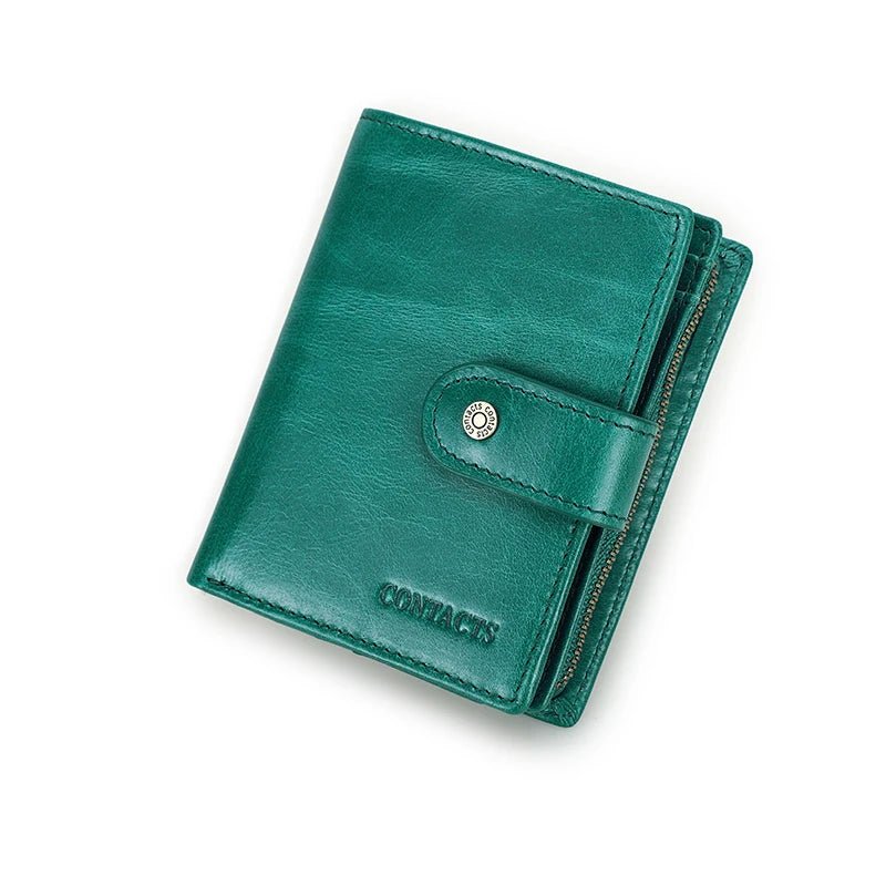 100% Genuine Leather Wallet Zipper Engraving Coin Short RFID blocking Emrald Green