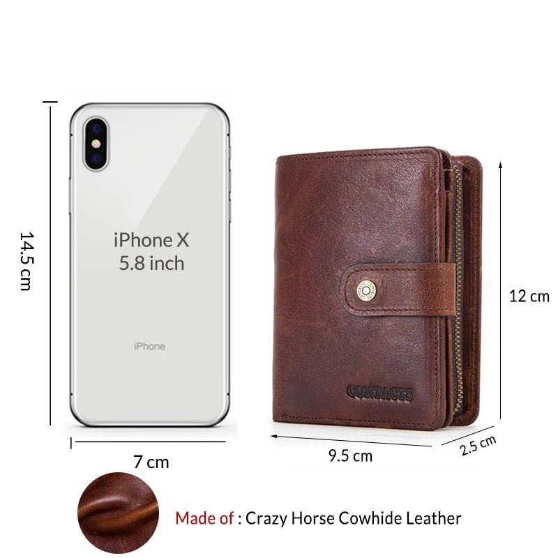 100% Genuine Leather Wallet Zipper Engraving Coin Short RFID blocking