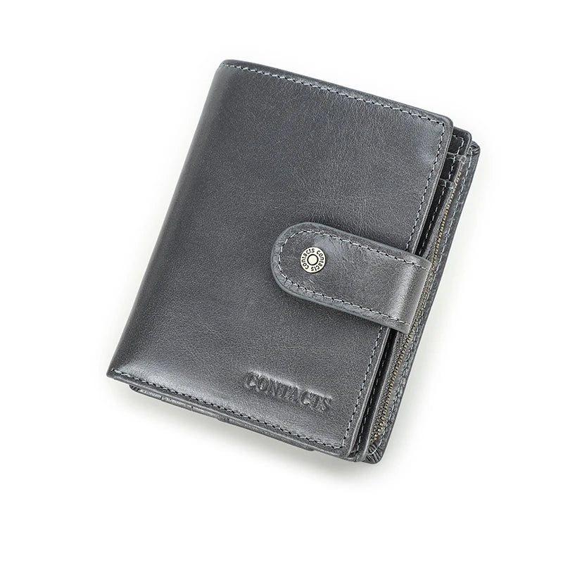 100% Genuine Leather Wallet Zipper Engraving Coin Short RFID blocking Smoky Grey