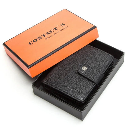 100% Genuine Leather Wallet Zipper Engraving Coin Short RFID blocking Black Box