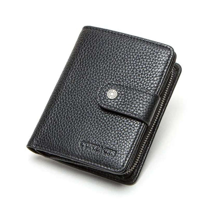 100% Genuine Leather Wallet Zipper Engraving Coin Short RFID blocking Black