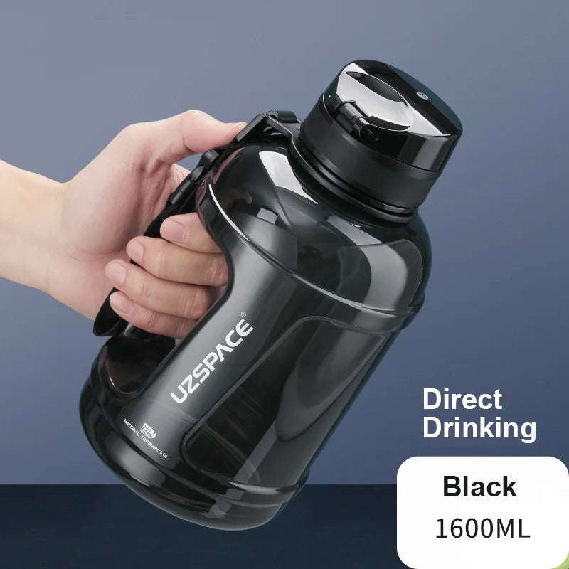 1.6L/2.3L Large Capacity Sports Water Bottles with Straw BPA Free With Time Marker 1600ml Black