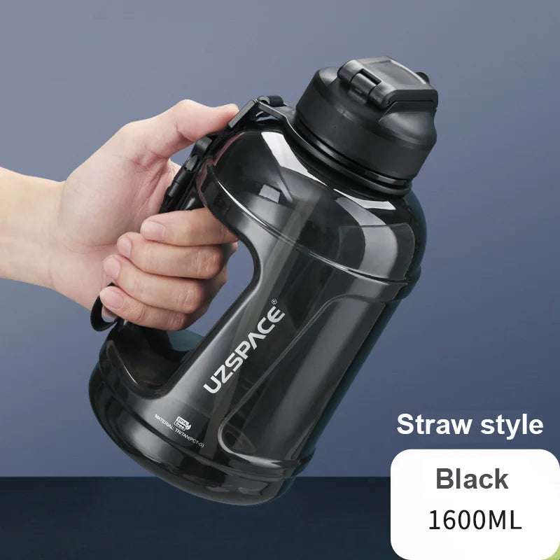 1.6L/2.3L Large Capacity Sports Water Bottles with Straw BPA Free With Time Marker 1600ml Straw Black