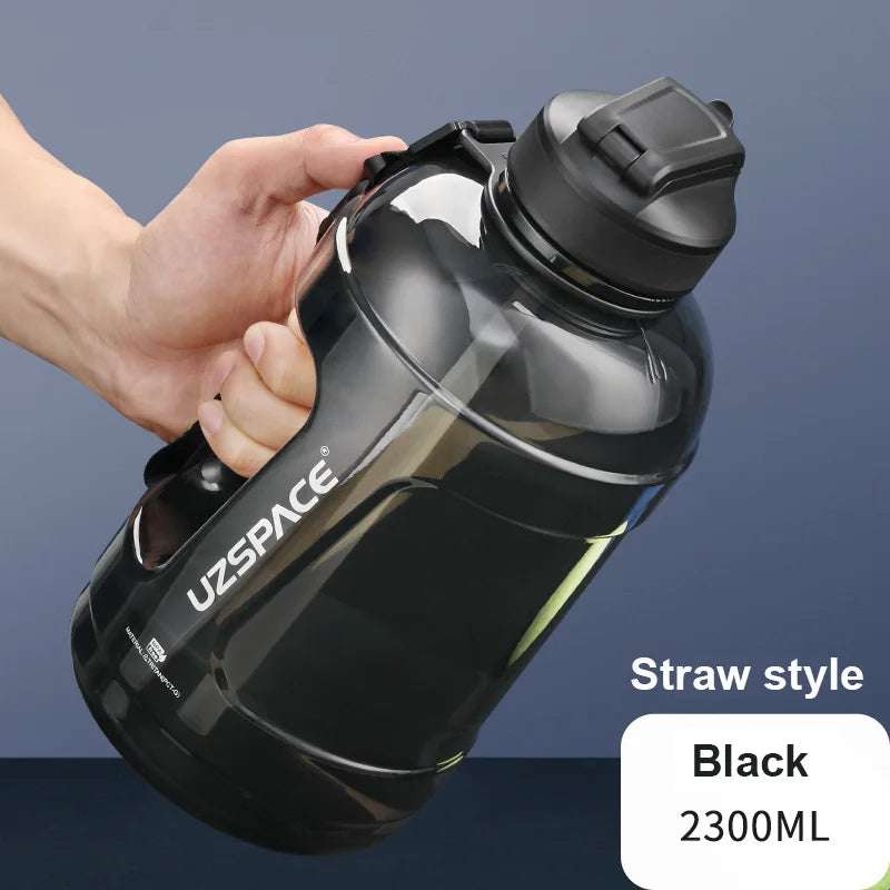 1.6L/2.3L Large Capacity Sports Water Bottles with Straw BPA Free With Time Marker 2300ml Straw Black