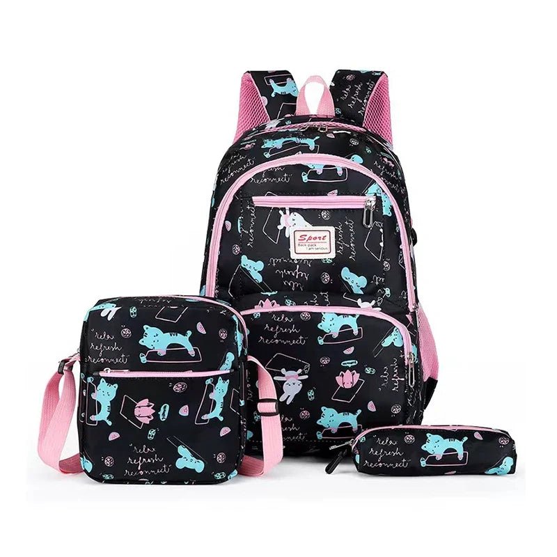 3set School Bags For Girls Boys Lightweight Waterproof Cartoon black