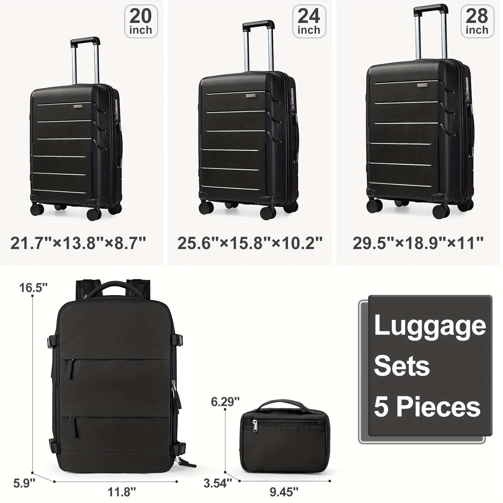 5-Piece Luggage Set, Hardshell Travel Suitcases With TSA Lock, 20/24/28 Inch Spinner Wheels, & Backpack And Toiletry bag 157 Luggage OK•PhotoFineArt OK•PhotoFineArt