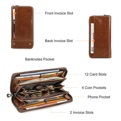 CONTACT'S RFID Men's Genuine Leather Wallet Long with Phone Pocket Card Holder