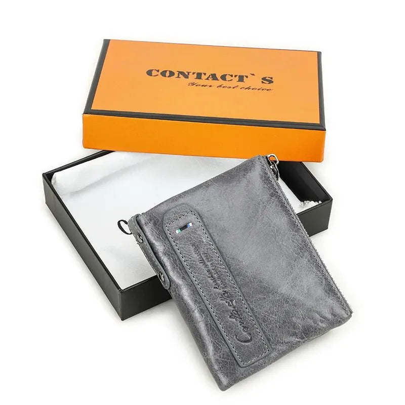 CONTACT'S HOT Genuine Crazy Horse Cowhide Leather Men's Wallet RFID blocking Gray box