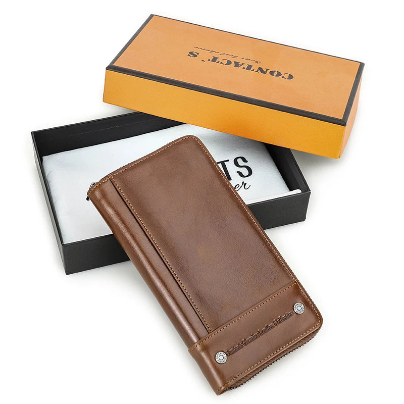 CONTACT'S RFID Men's Genuine Leather Wallet Long with Phone Pocket Card Holder Brown Box