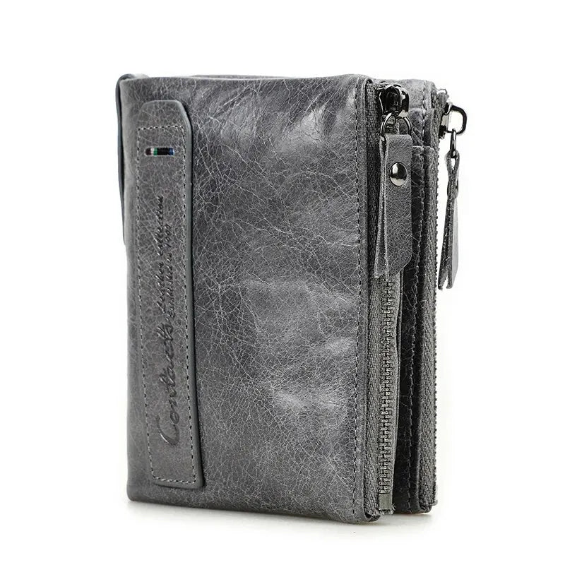 CONTACT'S HOT Genuine Crazy Horse Cowhide Leather Men's Wallet RFID blocking Gray