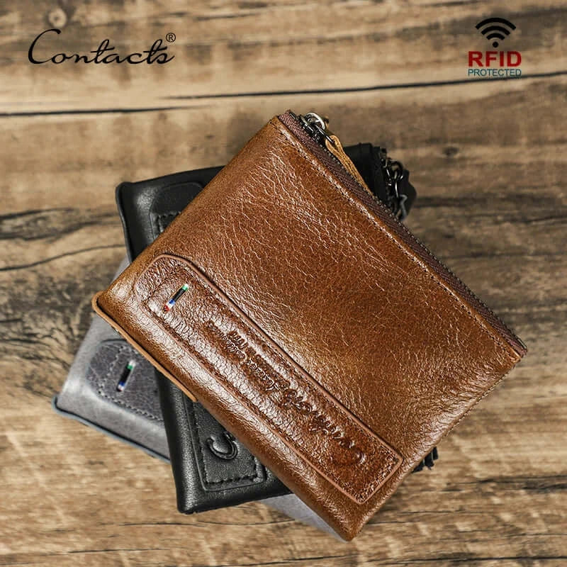 CONTACT'S HOT Genuine Crazy Horse Cowhide Leather Men's Wallet RFID blocking