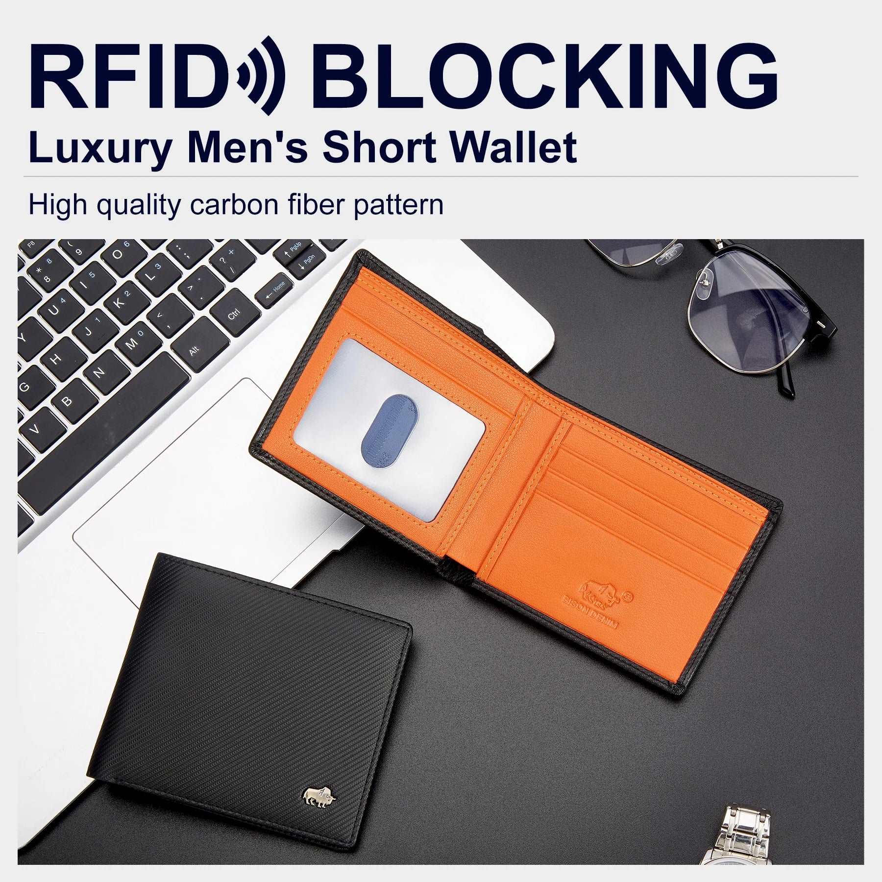BISON DENIM Long Wallet Carbon Fiber Men's Purse RFID Blocking