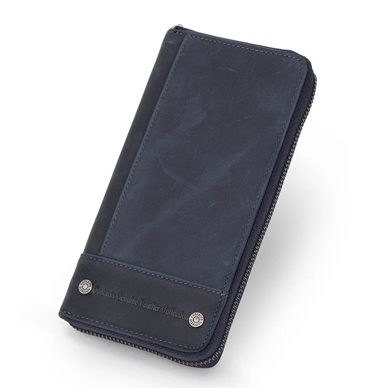 CONTACT'S RFID Men's Genuine Leather Wallet Long with Phone Pocket Card Holder Blue