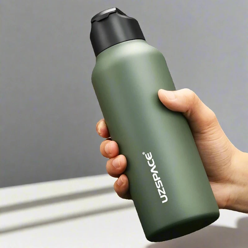 New Stainless Steel Water Bottle With Straw Direct Drinking 2 Lids 9013 Green 550ml 800-1000ml