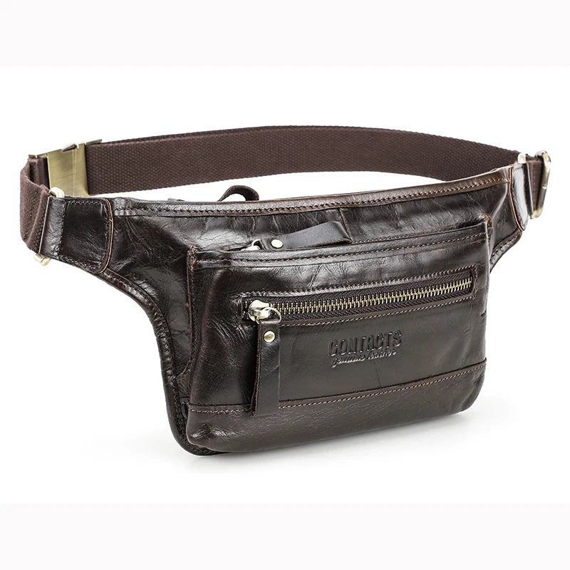 CONTACT'S Genuine Leather Men's Waist Pack Casual Cell Phone Crossbody Bag Coffee