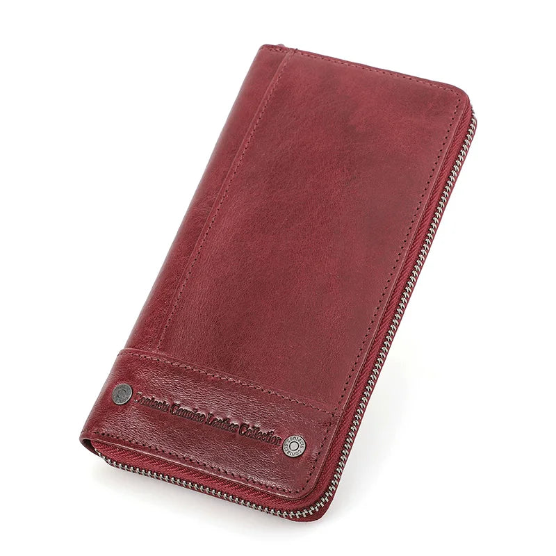 CONTACT'S RFID Men's Genuine Leather Wallet Long with Phone Pocket Card Holder Red