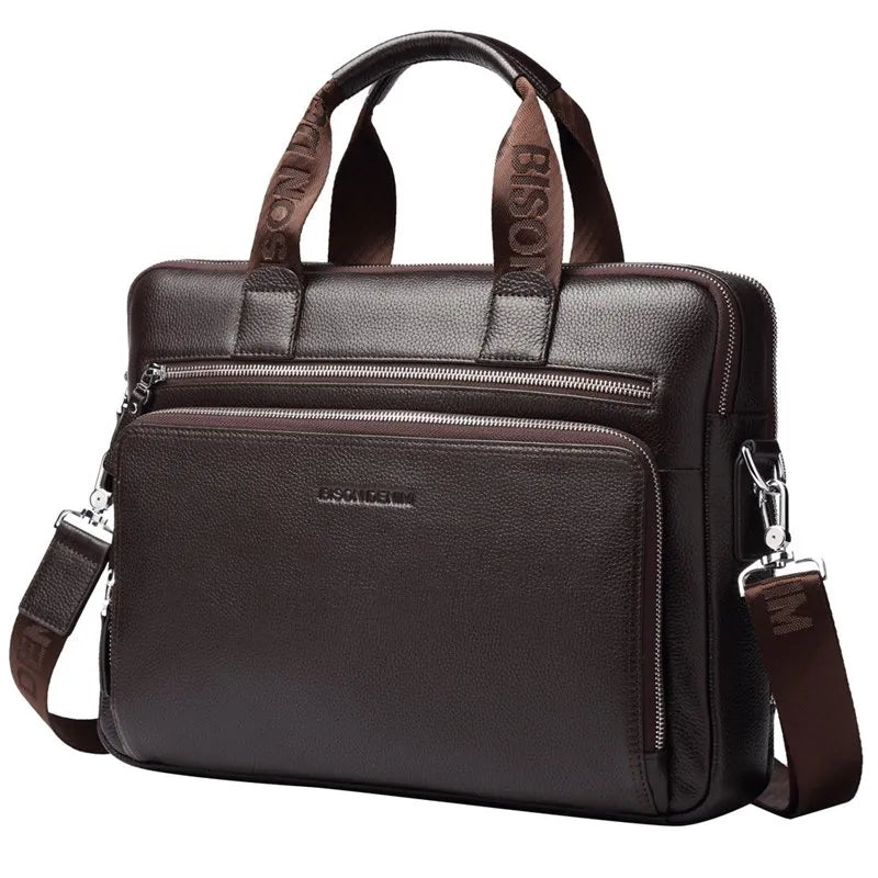 BISON DENIM Men Bag Genuine Leather Work Briefcases 14" Laptop Bag