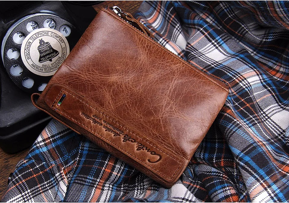 CONTACT'S HOT Genuine Crazy Horse Cowhide Leather Men's Wallet RFID blocking
