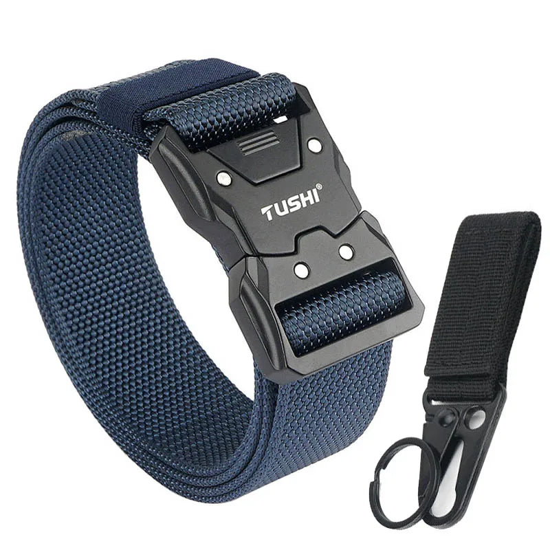 VATLTY Quick-drying Tactical Belt Men Hard Alloy Quick Release Buckle 1200D Soft Nylon Navy blue set 125cm(adjustable)