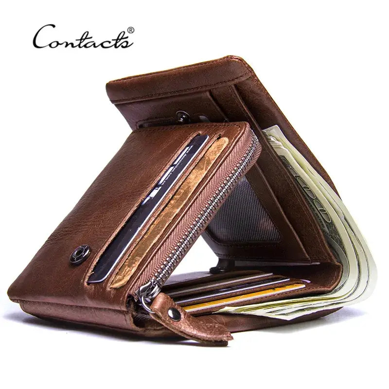 CONTACT'S Genuine Crazy Horse Leather Men's Wallet Vintage Trifold