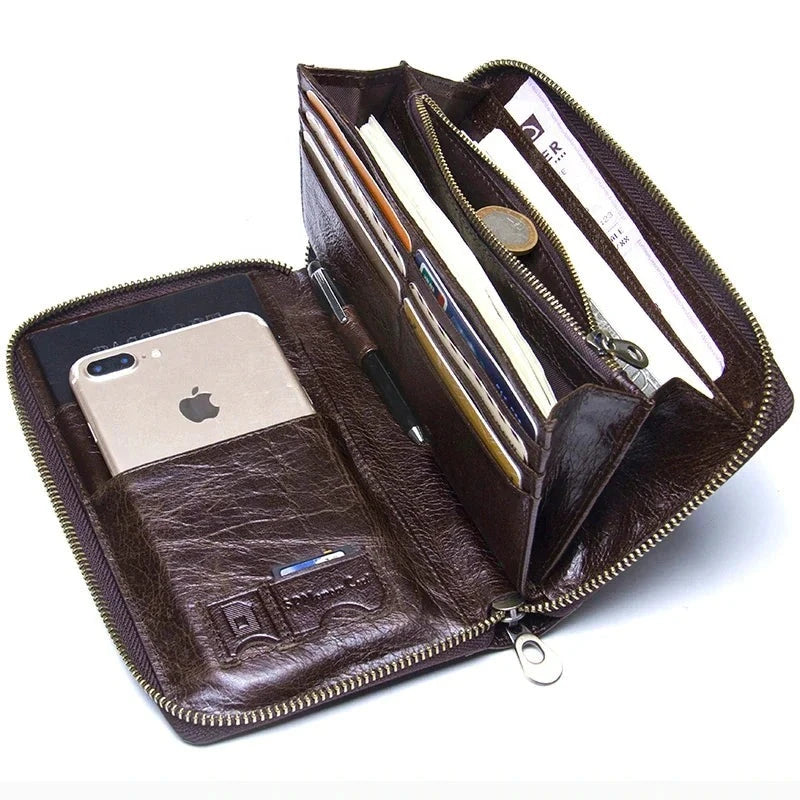 Genuine Leather Men's Clutch Wallet Card & Passport Holder 6.5" Phone Case