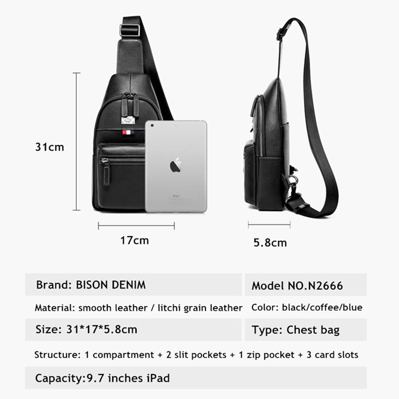 BISON DENIM Fashion Genuine Leather Messenger Bag Men Chest Bag Crossbody Shoulder Bag Male Casual Sling Chest Pack N2666