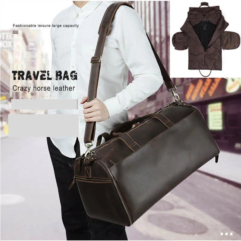 Crazy Horse Leather Folding Suit Bag Business Travel Bag With Shoe Pocket Clothes Cover