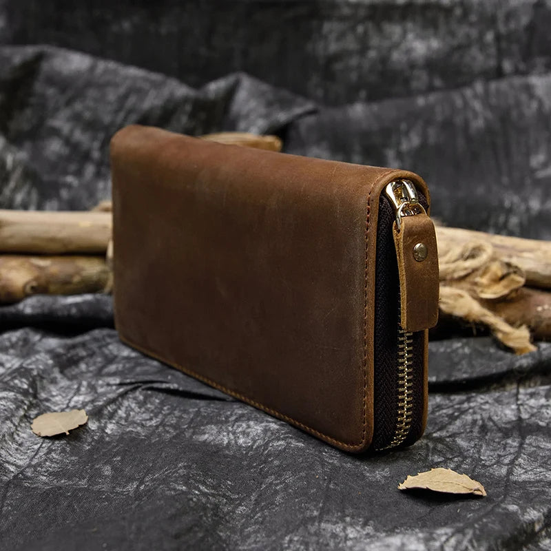 Vintage Genuine leather Men Clutch Wallet Credit Card Inner Zip Long Wallets Bifold Crazy Horse Long Wallet Male Phone Purse Single zipper-brown