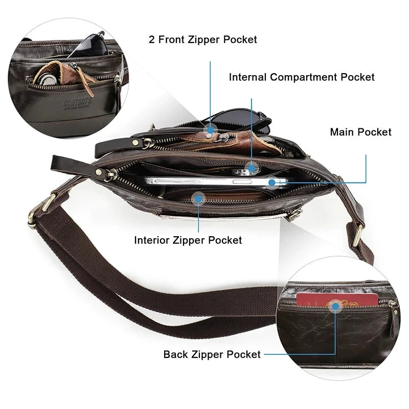 CONTACT'S Genuine Leather Men's Waist Pack Casual Cell Phone Crossbody Bag