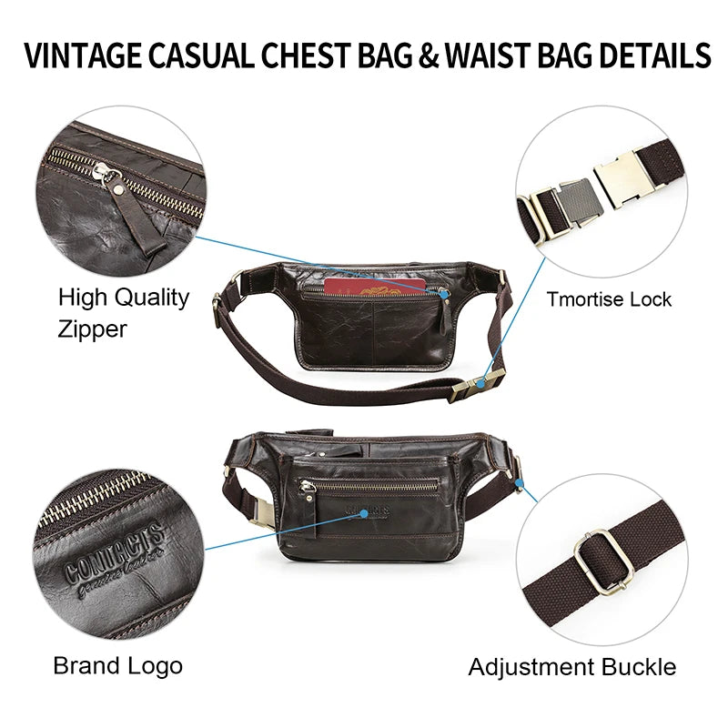 CONTACT'S Genuine Leather Men's Waist Pack Casual Cell Phone Crossbody Bag