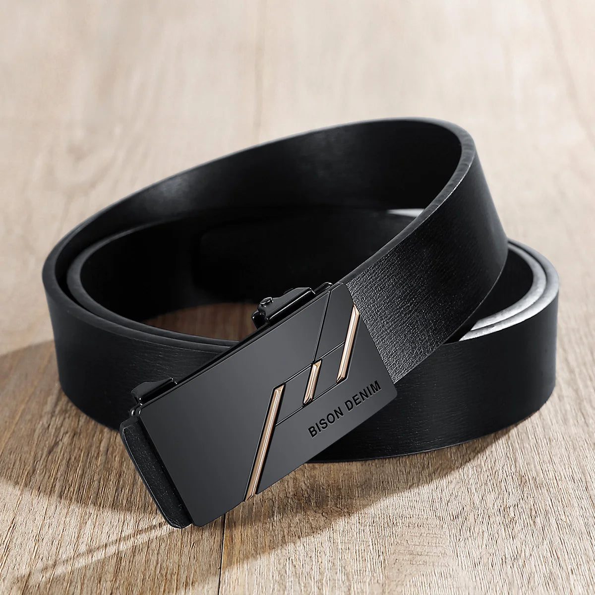 BISON DENIME Genuine Leather Belt Men Black Automatic Buckle