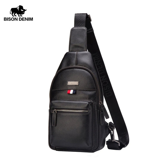 BISON DENIM Fashion Genuine Leather Messenger Bag Men Chest Bag Crossbody Shoulder Bag Male Casual Sling Chest Pack N2666