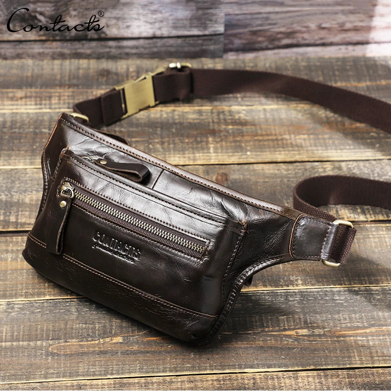 CONTACT'S Genuine Leather Men's Waist Pack Casual Cell Phone Crossbody Bag