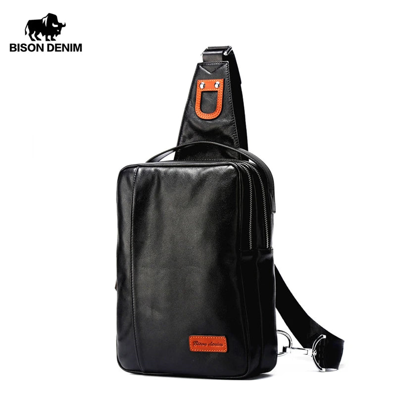 BISON DENIM Chest Bag Genuine Leather Crossbody Bag Multifunctional Black