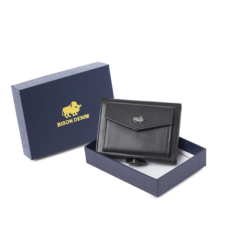 BISON DENIM Men Genuine Leather Short Slim Wallet With RFID Blocking Black and boxes