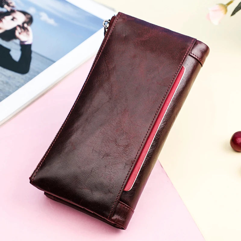 Contact's Women's Fashion Genuine Leather Wallet Card Holder Long Phone Pocket