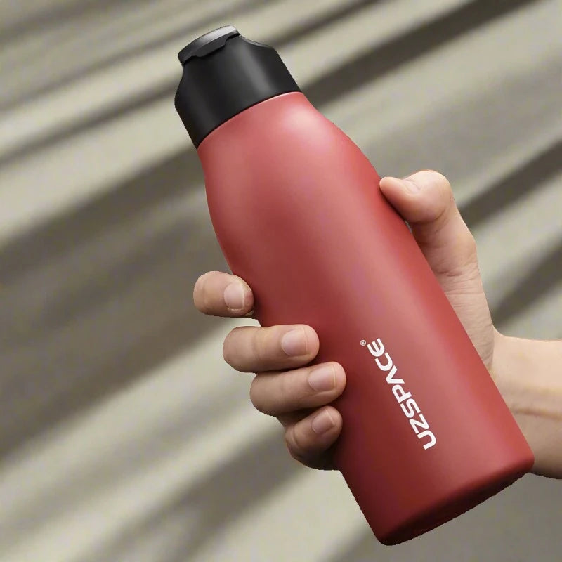 New Stainless Steel Water Bottle With Straw Direct Drinking 2 Lids 9025 Red 600ml 800-1000ml