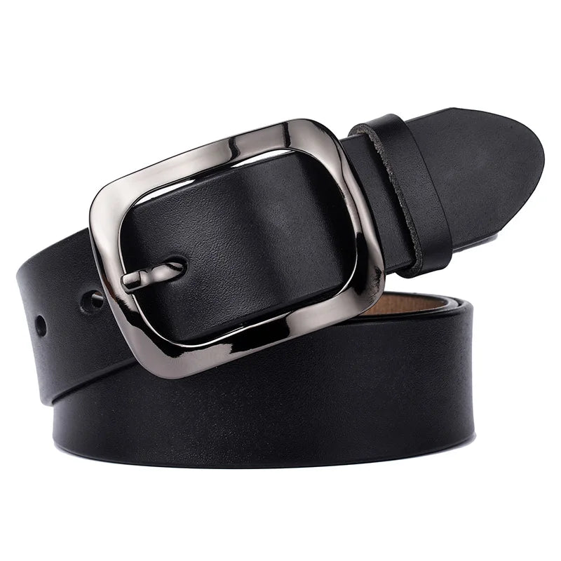 VATLTY 3.2cm Genuine Leather Belt for Women Natural Cowhide Metal Buckle Black