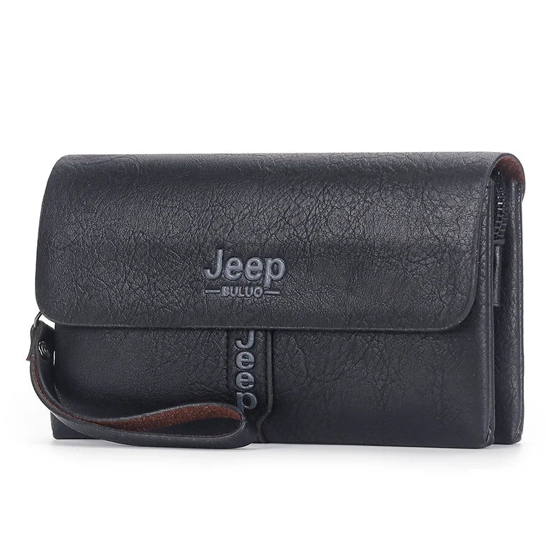 JEEP BULUO Mens Wallet Clutch Bag PU Leather Black