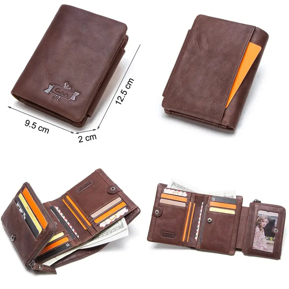 CONTACT'S Genuine Crazy Horse Leather Men's Wallet Vintage Trifold