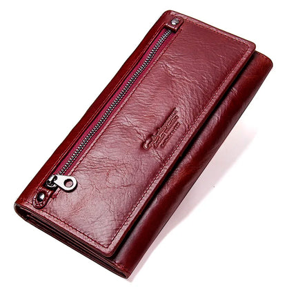 Contact's HOT Genuine Leather Wallet Women's Card Holder Long Style Red