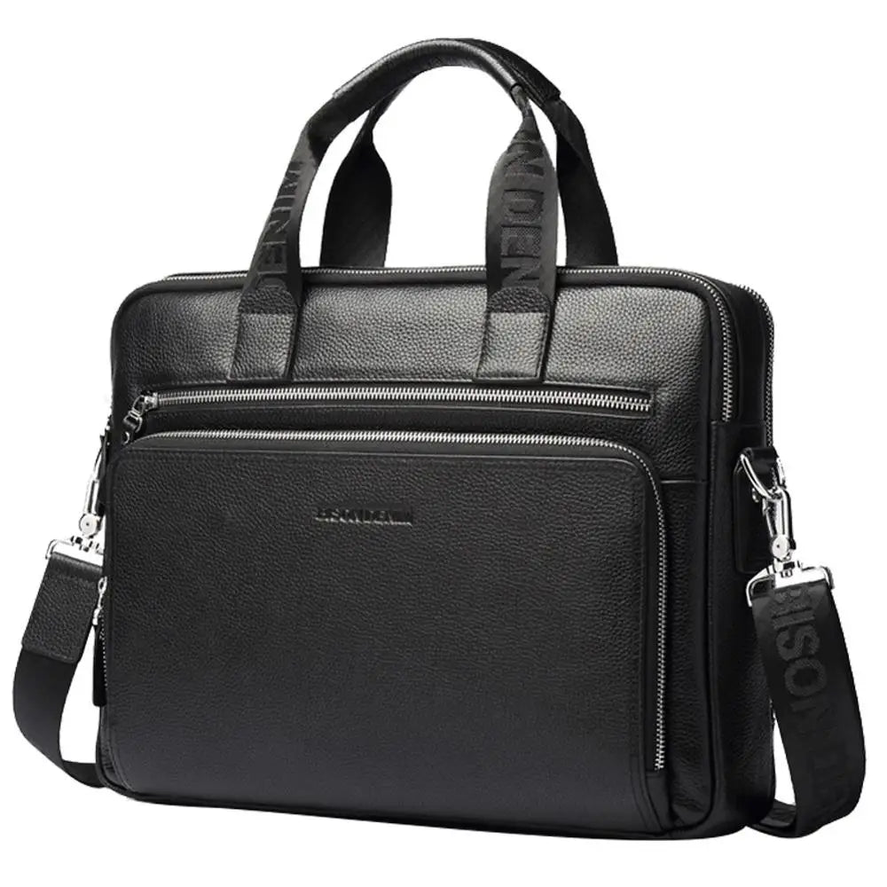 BISON DENIM Men Bag Genuine Leather Work Briefcases 14" Laptop Bag black